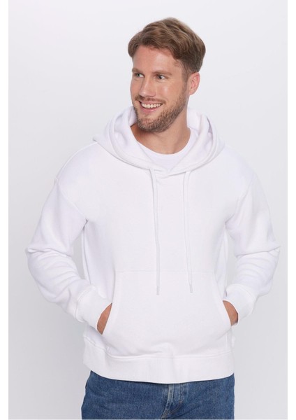 Unisex Oversize Geniş Kesim Pamuklu Yumuşak Dokulu Içi Polarlı Basic Beyaz Kapüşonlu Sweatshirt