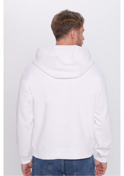 Unisex Oversize Geniş Kesim Pamuklu Yumuşak Dokulu Içi Polarlı Basic Beyaz Kapüşonlu Sweatshirt