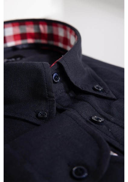 Erkek Big Size Büyük Beden Uzun Kollu Pamuklu Oxford Doku Tek Cepli Lacivert Düğmeli Yaka Gömlek