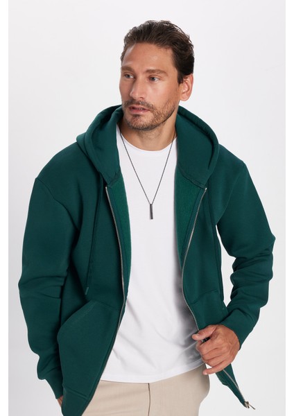 Unisex Relax Fit Rahat Kesim Pamuklu İçi Polarlı Çift Cepli Fermuarlı Yeşil Kapüşonlu Sweatshirt