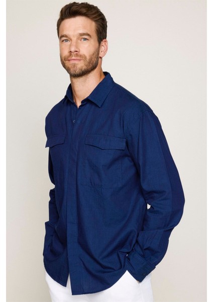Relax Fit Uzun Kollu Rahat Kesim Çift Cep Denim Kot Lacivert Gömlek