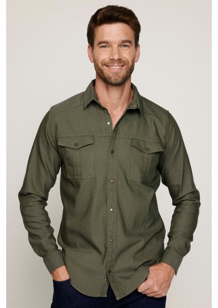 Slim Fit Uzun Kollu Spor Yaka Yıkamalı Çift Cepli Armürlü Denim Yeşil Erkek Gömlek