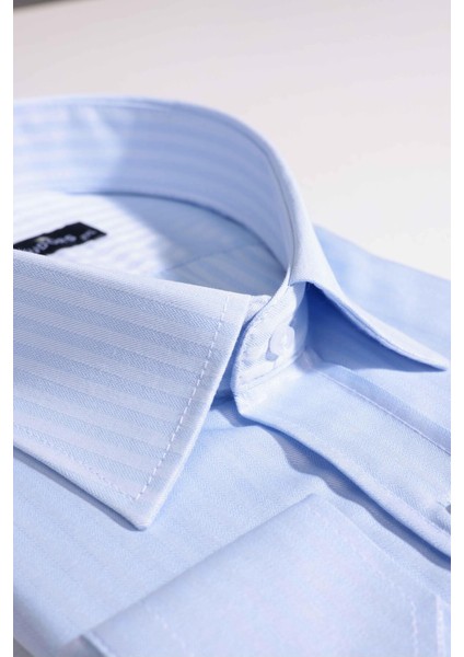 Büyük Beden Uzun Kollu Kolay Ütü Kravatlık Armürlü Pamuklu Mavi Erkek Gömlek