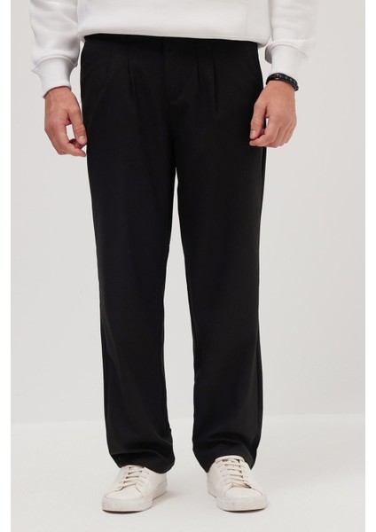 Erkek Regular Fit Klasik Kesim Normal Bel Geniş Paça Siyah Pantolon