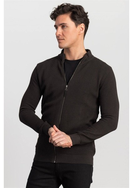 Erkek Standart Fit Normal Kesim Desenli Yarım Balıkçı Yaka Fermuarlı Gri Hırka