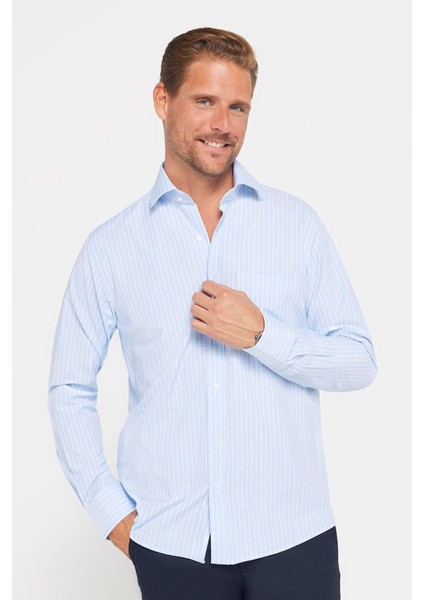 Erkek Regular Fit Klasik Kesim Pamuklu Kolay Ütü Çizgili Mavi Gömlek