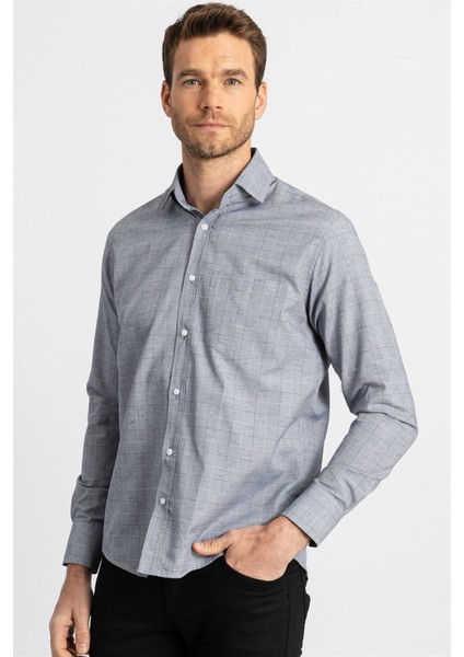 Erkek Regular Fit Klasik Kesim Pamuklu Kolay Ütü Çizgili Gri Gömlek