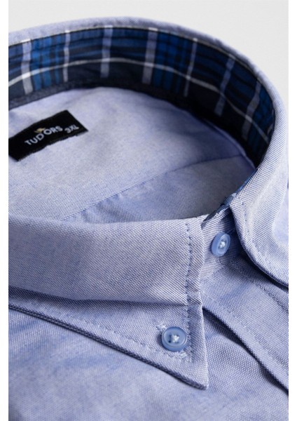 Erkek Big Size Büyük Beden Uzun Kollu Pamuklu Oxford Doku Tek Cepli Sax Mavi Düğmeli Yaka Gömlek