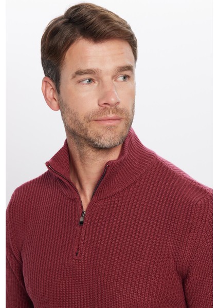 Erkek Slim Fit Dar Kesim Fermuarlı Bordo Dik Yaka Triko Kazak