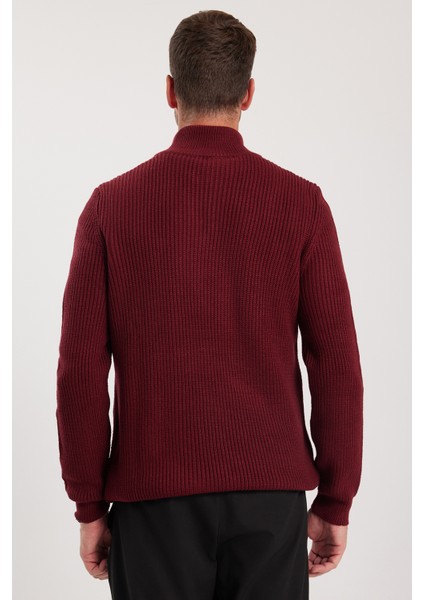 Erkek Slim Fit Dar Kesim Fermuarlı Bordo Dik Yaka Triko Kazak