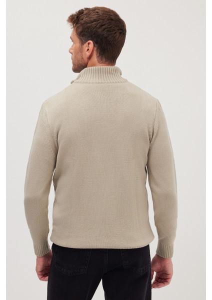 Erkek Slim Fit Dar Kesim Armürlü Fermuarlı Taş Dik Yaka Kazak