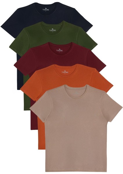Unisex 5li Paket Lacivert-Haki-Bordo-Tarçın-Vizon Slim Fit Dar Kesim %100 Pamuk Bisiklet Yaka Tişört