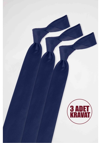 3'lü Paket Düz Klasik Cep Mendilli Lacivert Erkek Kravat