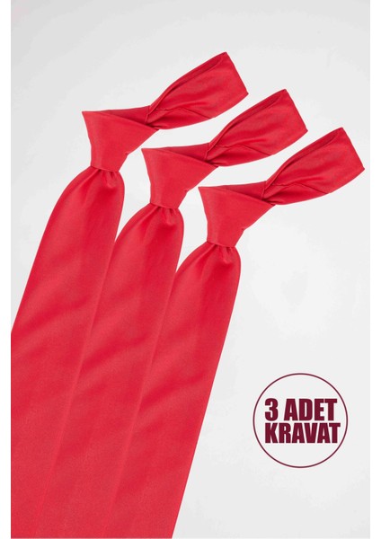 3'lü Paket Düz Klasik Cep Mendilli Kırmızı Erkek Kravat