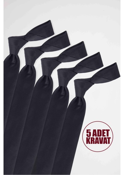 5'li Paket Düz Klasik Cep Mendilli Siyah Erkek Kravat