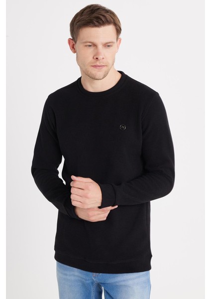 Erkek Slim Fit Dar Kesim Pamuklu Selanik Kumaş Bisiklet Yaka Siyah Sweatshirt