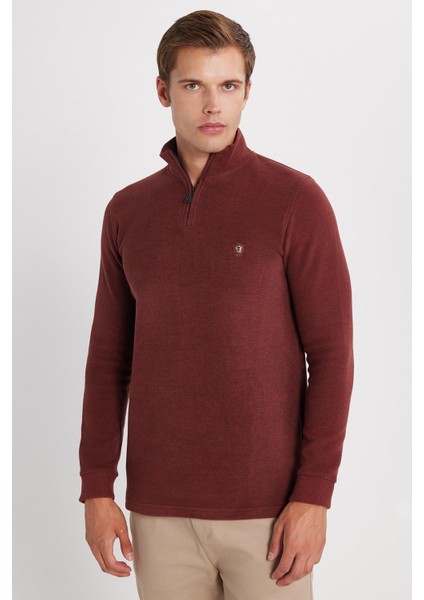 Erkek Slim Fit Dar Kesim Pamuklu Selanik Kumaş Yarım Fermuarlı Kiremit Dik Yaka Sweatshirt