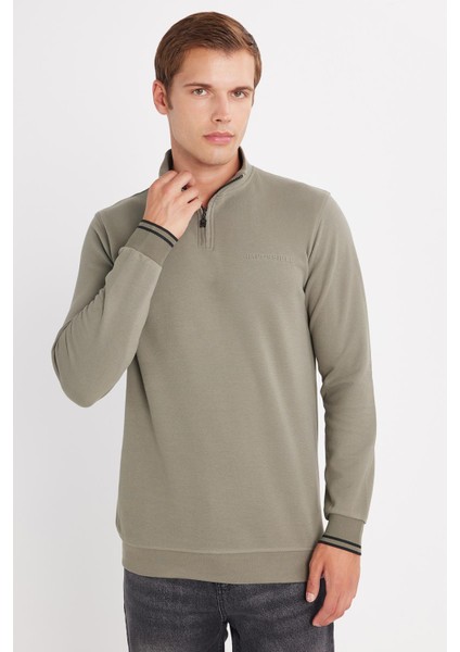 Erkek Slim Fit Dar Kesim Pamuklu Yarım Fermuarlı Dik Yaka Haki Sweatshirt