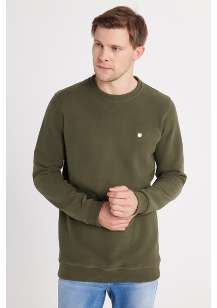 Erkek Slim Fit Dar Kesim Pamuklu Selanik Kumaş Bisiklet Yaka Haki Sweatshirt