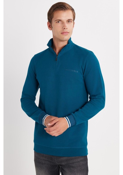Erkek Slim Fit Dar Kesim Pamuklu Yarım Fermuarlı Dik Yaka Petrol Sweatshirt