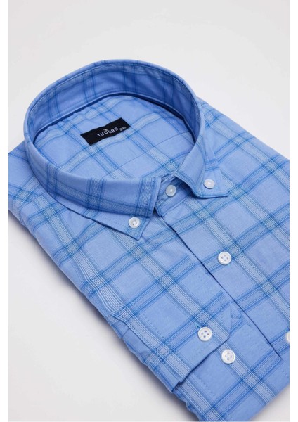 Büyük Beden Düğmeli Yaka Kareli Pamuklu Erkek Gömlek