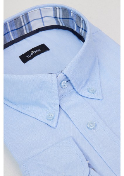 Erkek Big Size Büyük Beden Uzun Kollu Pamuklu Oxford Doku Tek Cepli Mavi Düğmeli Yaka Gömlek