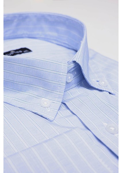 Erkek Big Size Büyük Beden Uzun Kollu Çizgili Mavi Gömlek