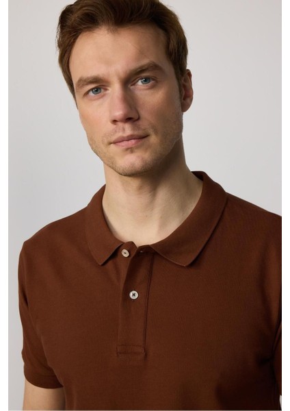 Erkek Slim Fit Dar Kesim Pamuklu Yumuşak Doku Nefes Alan Kumaş Kahverengi Polo Yaka Tişört