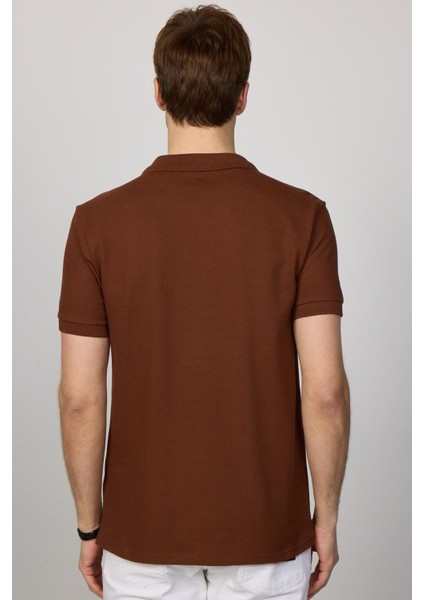 Erkek Slim Fit Dar Kesim Pamuklu Yumuşak Doku Nefes Alan Kumaş Kahverengi Polo Yaka Tişört