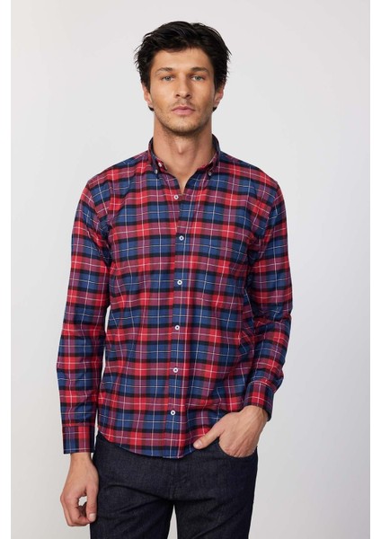 Erkek Regular Fit Klasik Kesim Düğmeli Yaka Küçük Kareli Pamuklu Bordo Gömlek