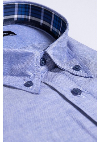 Erkek Big Size Büyük Beden Uzun Kollu Pamuklu Oxford Doku Tek Cepli Sax Mavi Düğmeli Yaka Gömlek