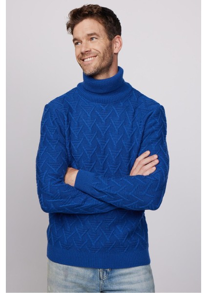 Erkek Slim Fit Dar Kesim Tam Balıkçı Yaka Desenli Lacivert Triko Kazak