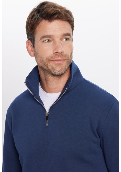 Unisex Relax Fit Rahat Kesim Pamuklu Içi Polarlı Yarım Fermuarlı Lacivert Dik Yaka Sweatshirt