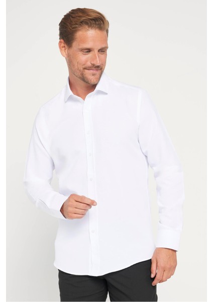 Modern Slim Fit Uzun Kollu Pamuklu Kolay Ütü Armürlü Erkek Beyaz Gömlek