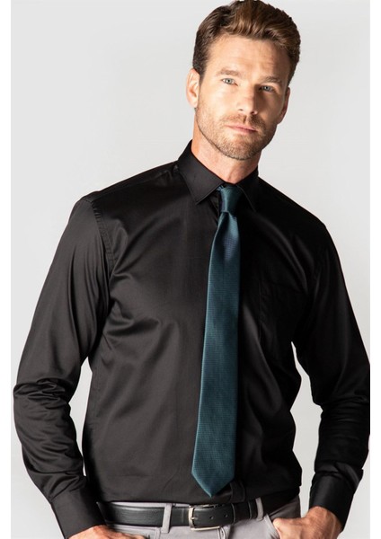 Klasik Fit Uzun Kollu Pamuk Saten Erkek Siyah Gömlek