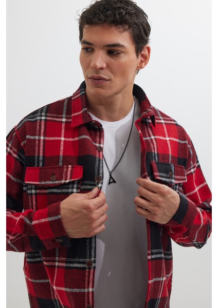 Erkek Relax Fit Rahat Kesim Oduncu Çift Cep Düğmeli Kareli Kışlık Gömlek