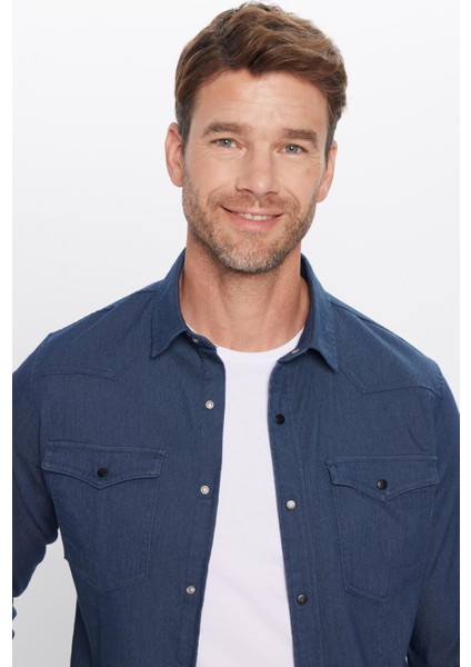 Erkek Slim Fit Dar Kesim Çift Cepli Denim Kot Lacivert Gömlek