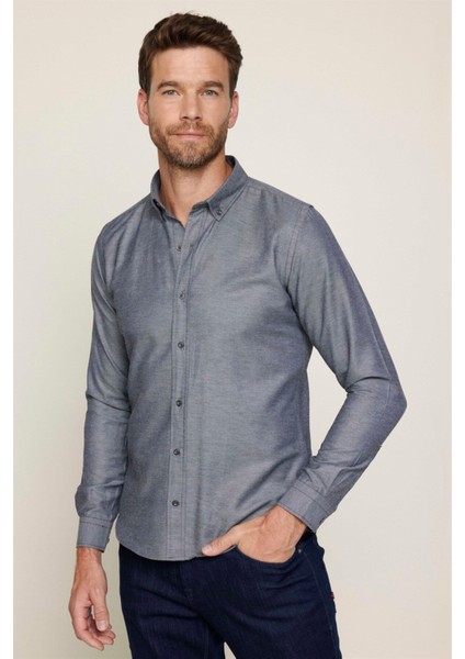 Slim Fit Uzun Kollu Düğmeli Yaka Pamuklu Kolay Ütü Düz Erkek Gömlek