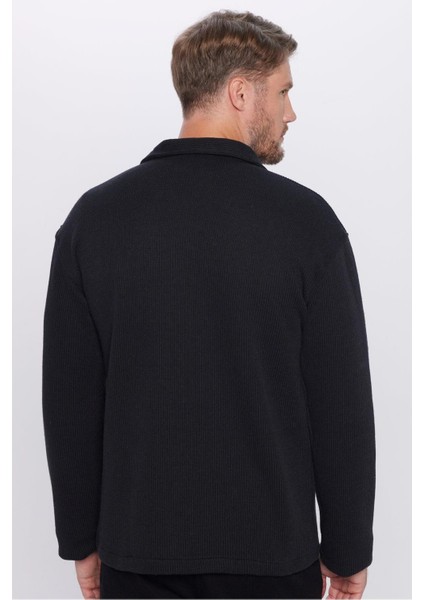 Erkek Relax Fit Rahat Kesim Örme Fermuarlı Cepli Kışlık Siyah Klasik Yaka Gömlek