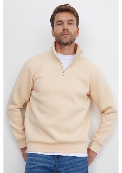 Unisex Relax Fit Rahat Kesim Pamuklu İçi Polarlı Yarım Fermuarlı Ekru Dik Yaka Sweatshirt