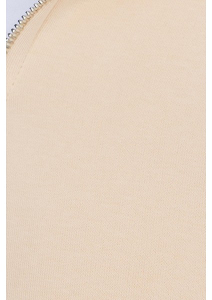 Unisex Relax Fit Rahat Kesim Pamuklu İçi Polarlı Yarım Fermuarlı Ekru Dik Yaka Sweatshirt