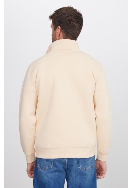 Unisex Relax Fit Rahat Kesim Pamuklu İçi Polarlı Yarım Fermuarlı Ekru Dik Yaka Sweatshirt