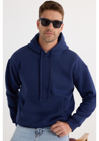 Unisex Oversize Geniş Kesim Pamuklu Yumuşak Dokulu İçi Polarlı Basic Lacivert Kapüşonlu Sweatshirt