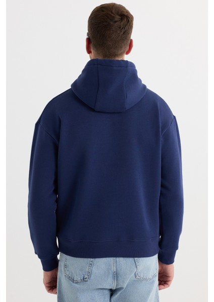Unisex Oversize Geniş Kesim Pamuklu Yumuşak Dokulu İçi Polarlı Basic Lacivert Kapüşonlu Sweatshirt fiyatları