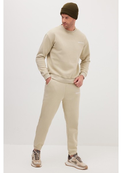 Erkek Relax Fit Pamuklu 3 İplik Yumuşak Dokulu İçi Polarlı Bisiklet Yaka Taş Eşofman Takımı