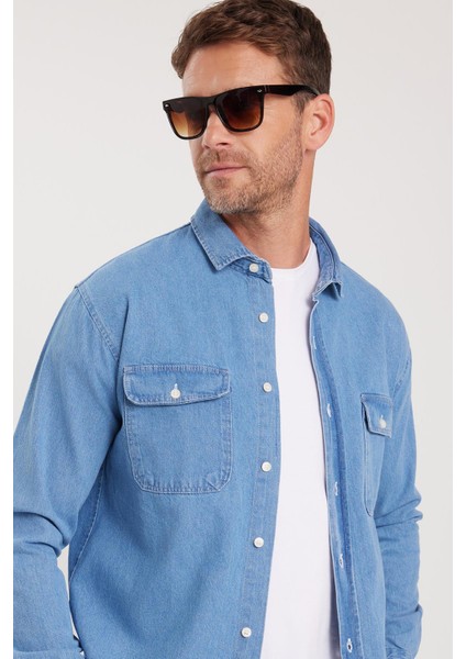 Erkek Relax Fit Rahat Kesim Spor Yaka Çift Cep Kapaklı Denim Gömlek