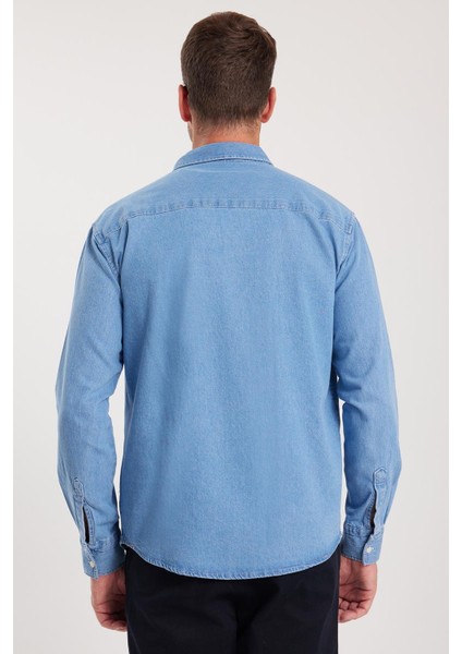 Erkek Relax Fit Rahat Kesim Spor Yaka Çift Cep Kapaklı Denim Gömlek