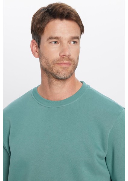 Unisex Relax Fit Rahat Kesim Pamuklu Yumuşak Dokulu Polarlı Basic Petrol Bisiklet Yaka Sweatshirt