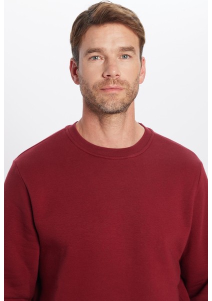 Unisex Relax Fit Rahat Kesim Pamuklu Yumuşak Dokulu İçi Polarlı Basic Bordo Bisiklet Yaka Sweatshirt