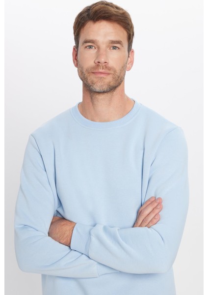 Unisex Relax Fit Rahat Kesim Pamuklu Yumuşak Dokulu İçi Polarlı Basic Mavi Bisiklet Yaka Sweatshirt